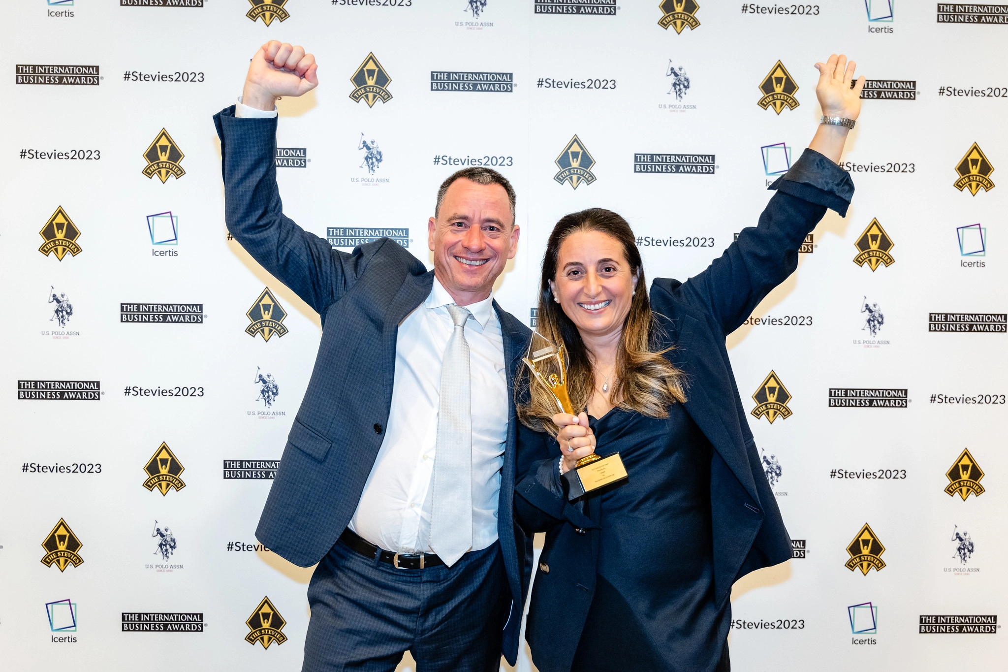 Beaming with pride: Canapii Co-founders, Steve and Rita, proudly clutching the Gold Stevie award
